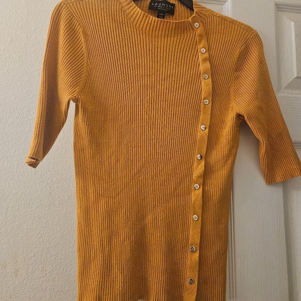 Classic  yellow Ribbed Button Short Sleeve Basic Workwear Neutral Sweater Top L